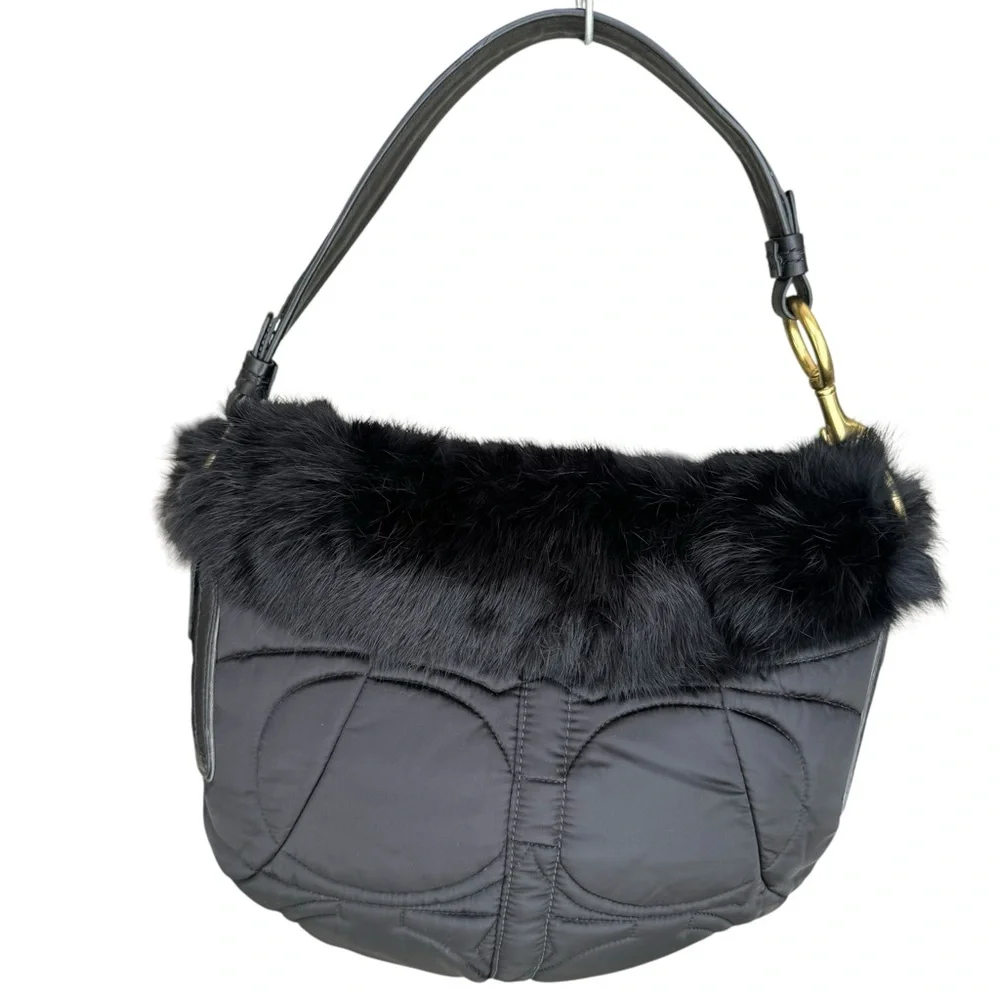 🆕 Coach Fur Signature Shoulder Bag Black Quilted Hobo